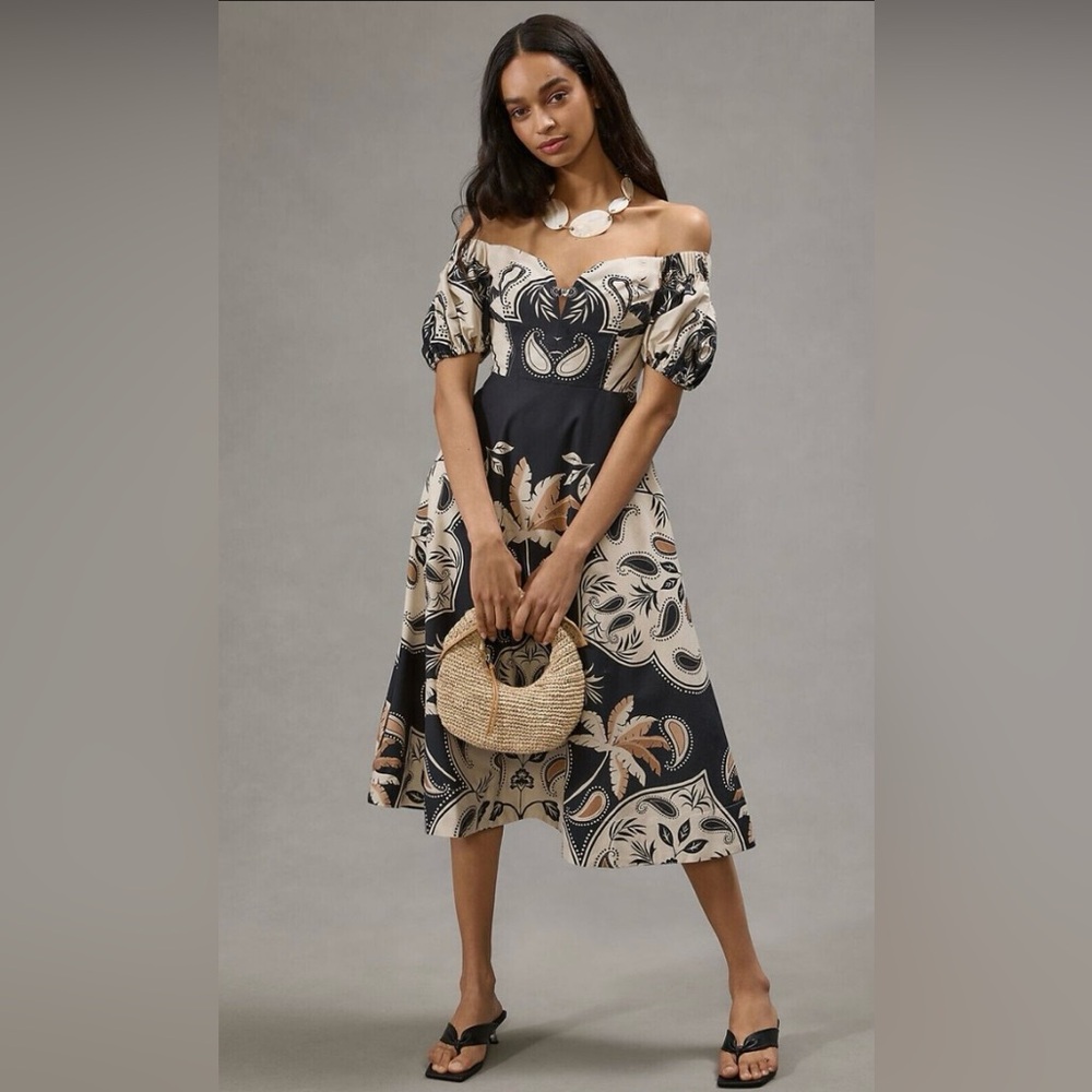 Anthropologie MAUVE Black and Cream Off-Shoulder Paisley Midi Dress